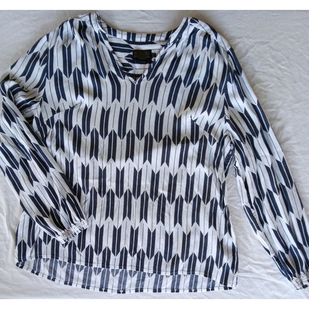 Pendleton Woollen mills Womens Geometric Sz XL Petite Top Blouse Navy white #W3